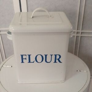 Vintage Metal Enamel White Flour Storage Container